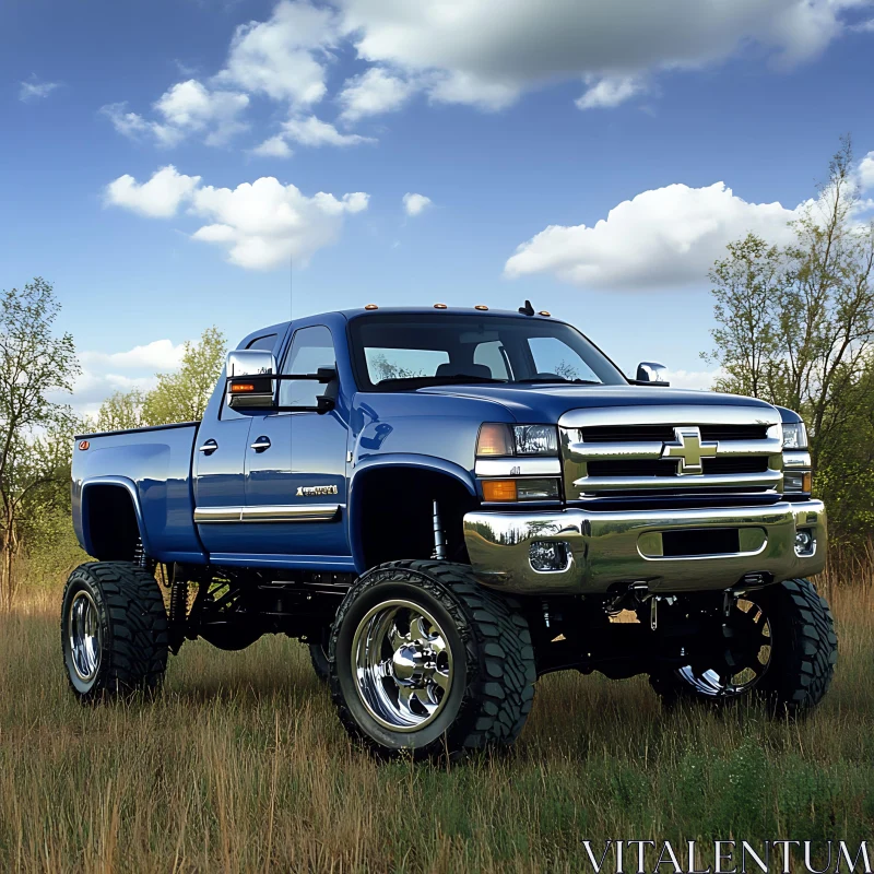 Lifted Blue Truck Parked in Field AI Image