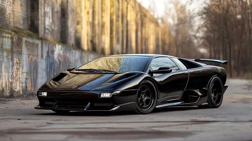 Luxurious Black Car in Graffiti-Covered Urban Environment