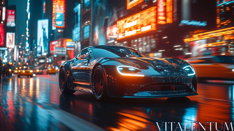 Sleek Car in Neon Cityscape AI Image