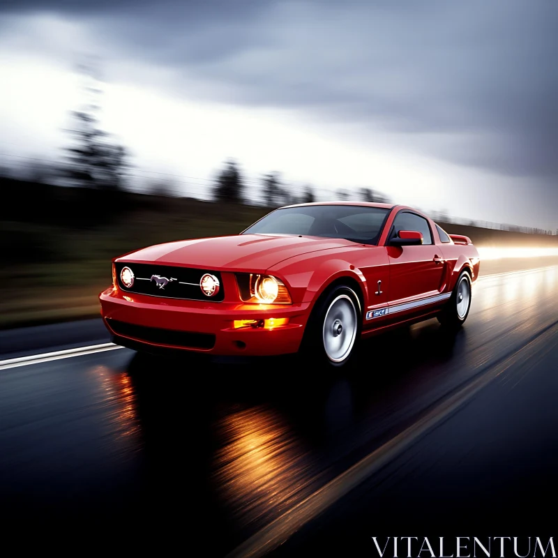 Red Sport Car on Rainy Day AI Image