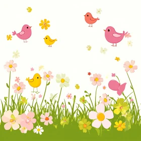 Whimsical Birds and Flowers in Spring