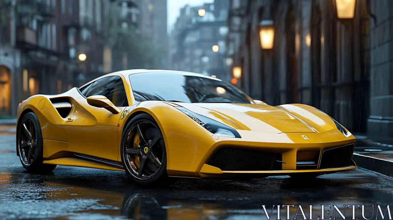 Luxurious Yellow Sports Car in Rainy City AI Image