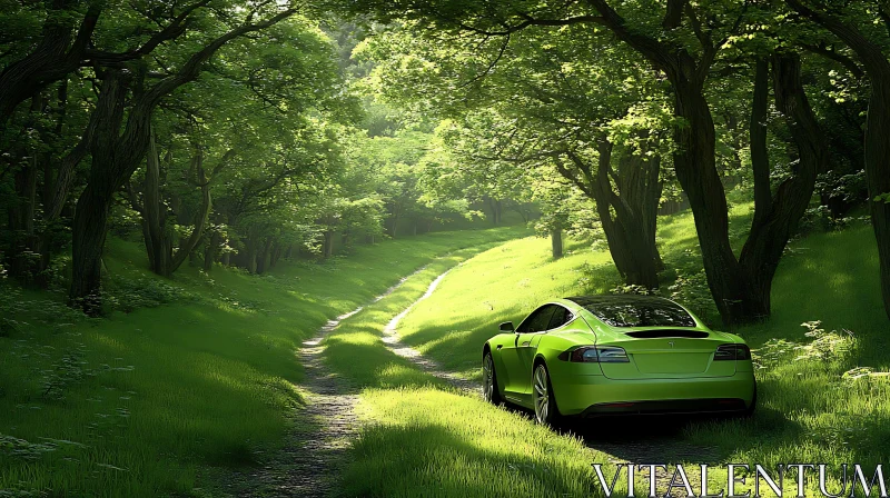 AI ART Green Car on Forest Path