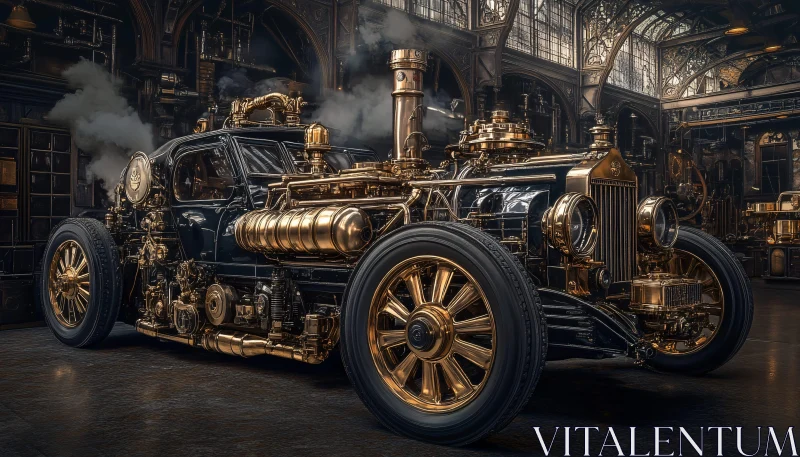 Mechanical Marvel: Steampunk Car with Golden Accents AI Image