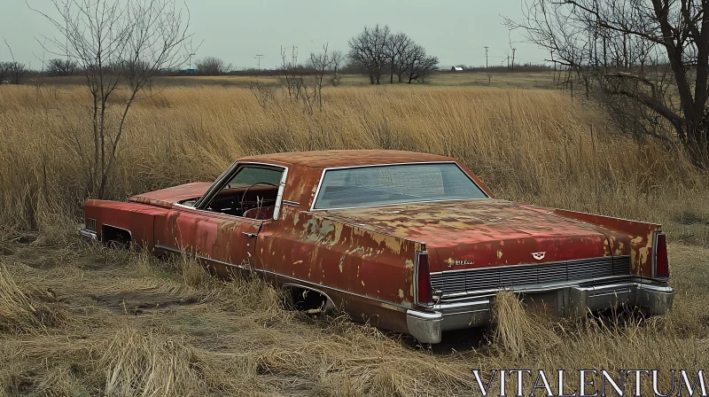 Rusty Old Vehicle in Overgrown Field AI Image