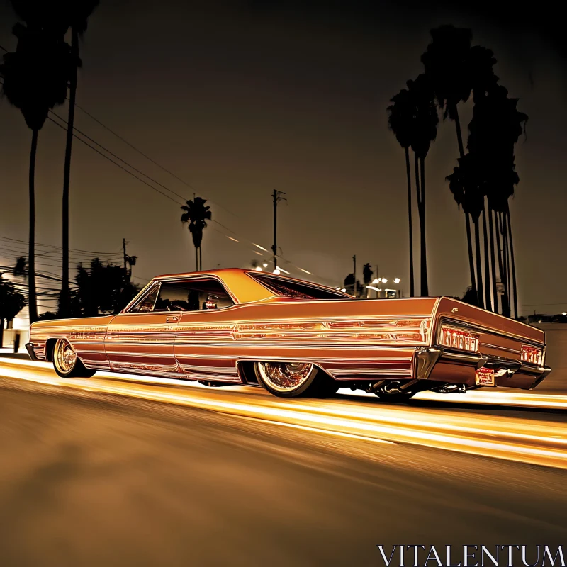 Retro Car Gliding Under Night Lights AI Image