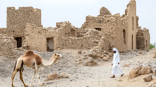 Ancient Ruins with Camel and Traditional Attire