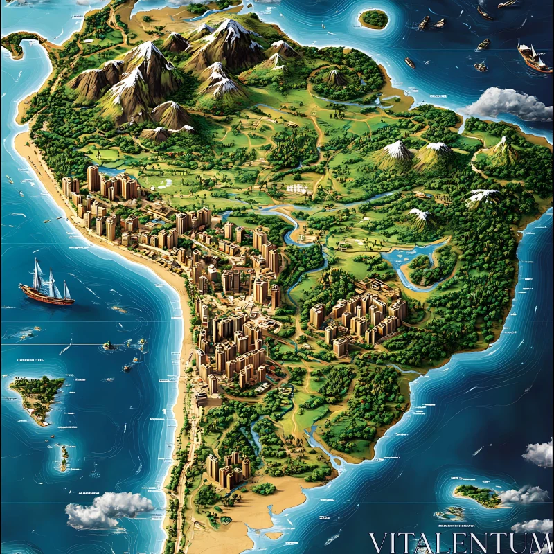 South America Illustrated Geography Map AI Image