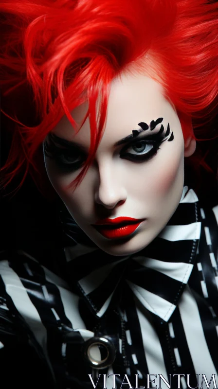 Captivating Woman with Red Hair and Striking Clownpunk Makeup AI Image