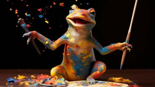 Colorful Frog Artist in Motion - A Study of Joyful Chaos