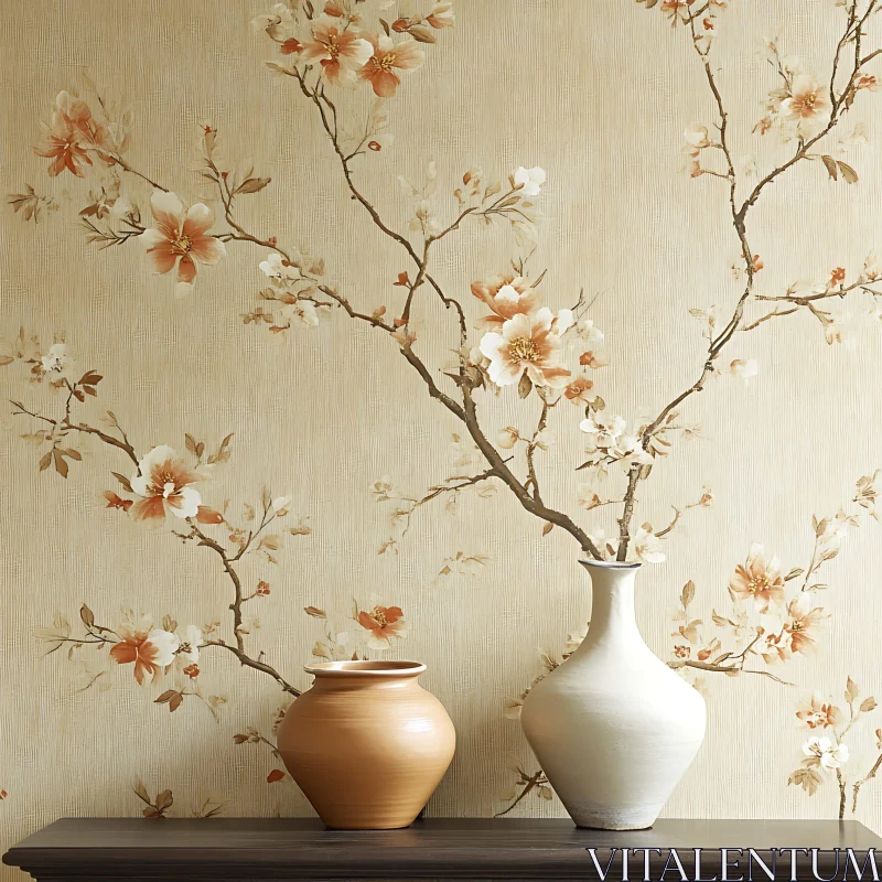 AI ART Serene Decor with Floral Wallpaper and Vases