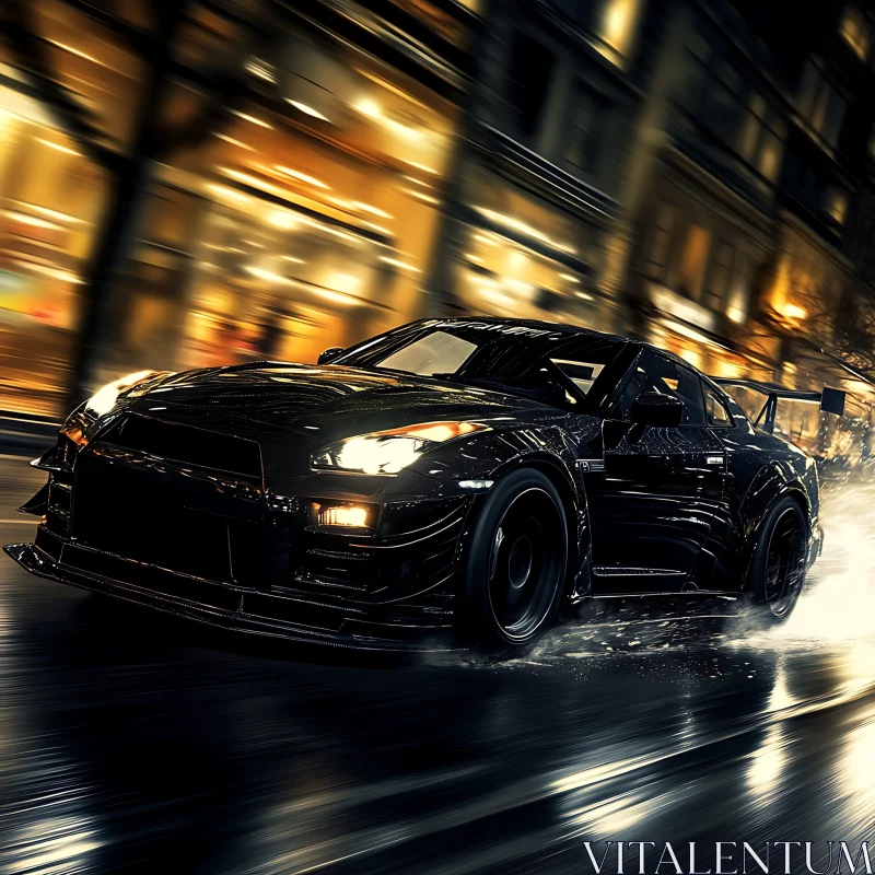 Sleek Black Sports Car Speeding in the Rain at Night Sleek Black Sports Car Speeding in the Rain at Night