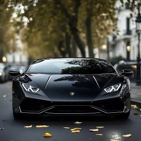 Elegant Black Supercar in Autumn Cityscape