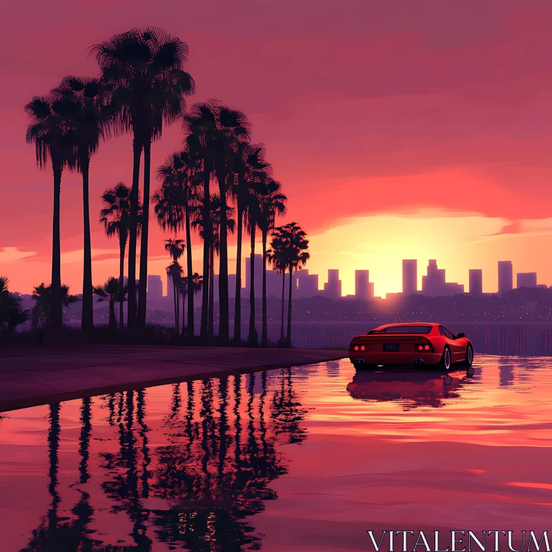 Serene Sunset with Car and City Skyline Serene Sunset with Car and City Skyline