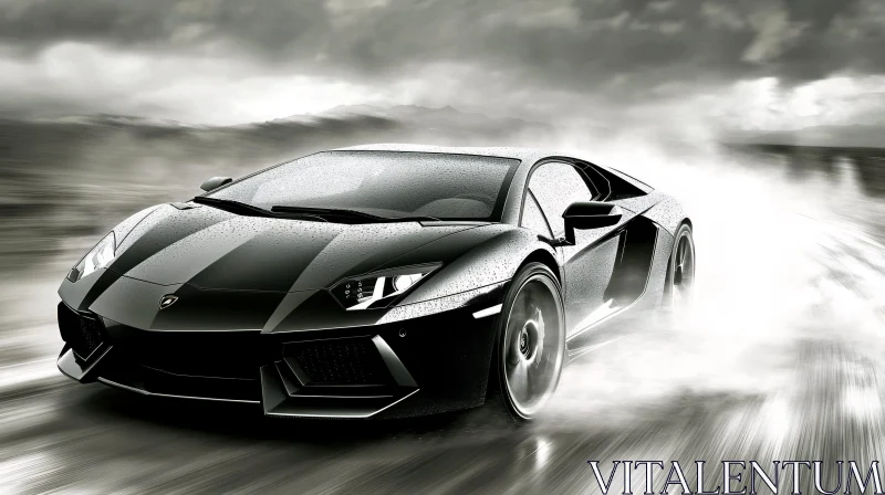 Sleek Black Sports Car on Misty Road Sleek Black Sports Car on Misty Road