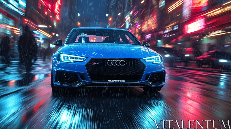 Neon-City Rainy Night with Blue Sports Car AI Image