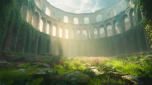 Sunlit Ancient Ruins with Ivy and Blossoms