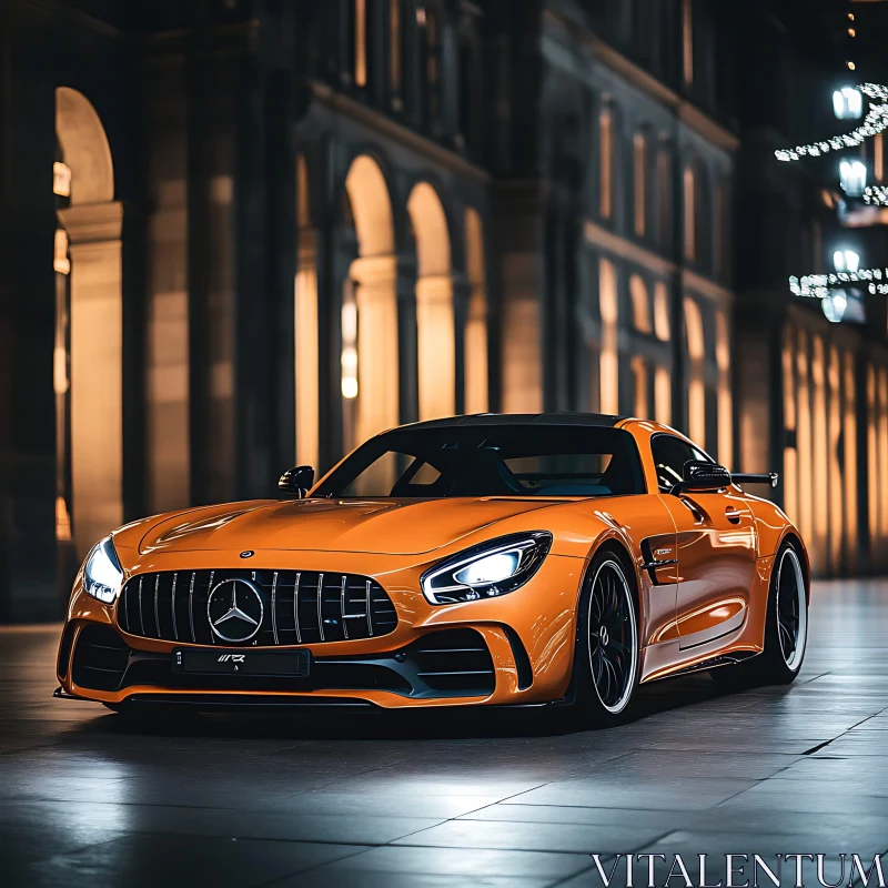 Urban Night: Elegant Orange Sports Car and Architecture Urban Night: Elegant Orange Sports Car and Architecture