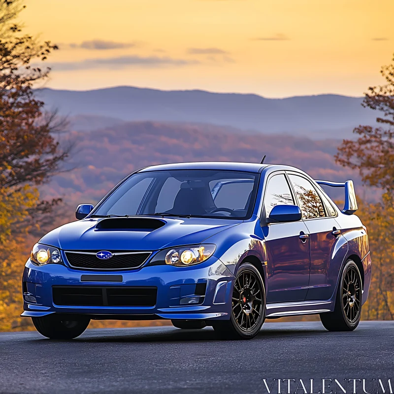 Blue Sports Car Against a Scenic Mountain Sunset Blue Sports Car Against a Scenic Mountain Sunset