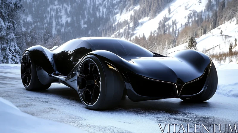 Sleek Black Car in Snowy Mountain Setting Sleek Black Car in Snowy Mountain Setting