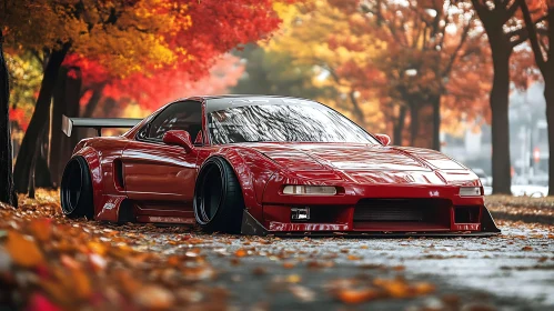 Autumn Road with Red Sports Car