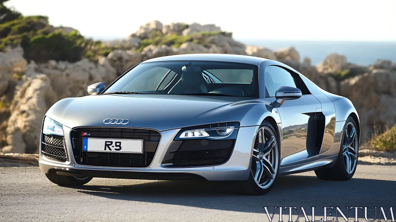 AI ART Luxury Silver Sports Car with Coastal Background