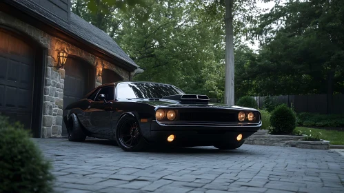 Sleek Black Classic Car in Front of Stone House