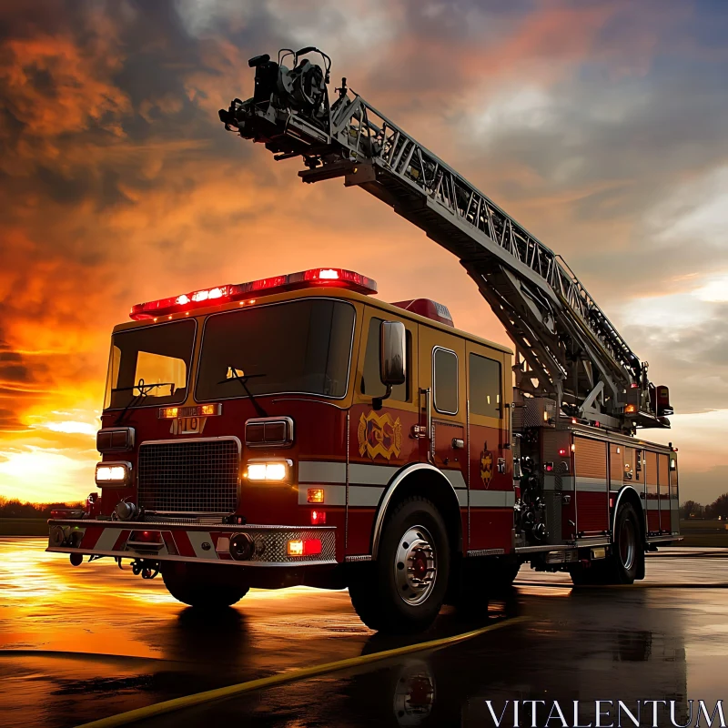 Fire Truck with Ladder at Sunset