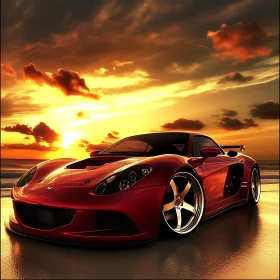 Exotic Red Sports Car by the Beach at Dusk