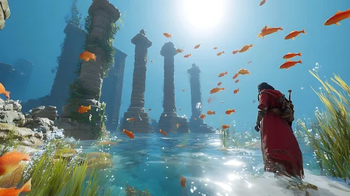 Enigmatic Underwater World with Mystic Columns and Fish