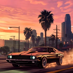 Classic Muscle Car at Dusk in the City