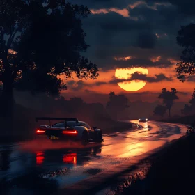 Sunset Drive with a Sports Car