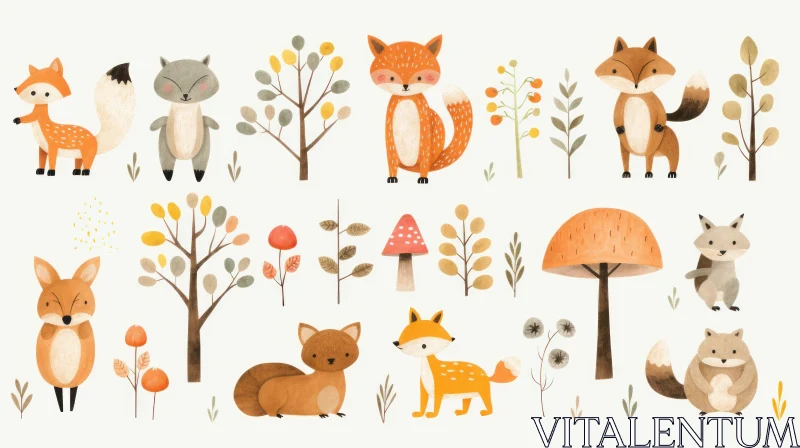 Dreamy Foxes Amidst Nature - Whimsical Painted Illustrations AI Image