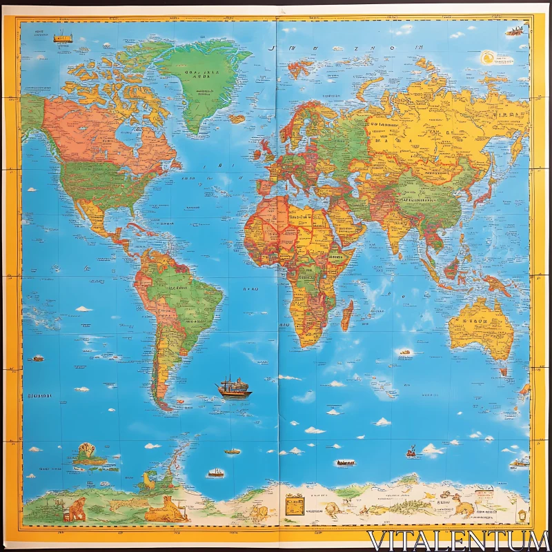 Illustrated World Map with Geographic Details AI Image