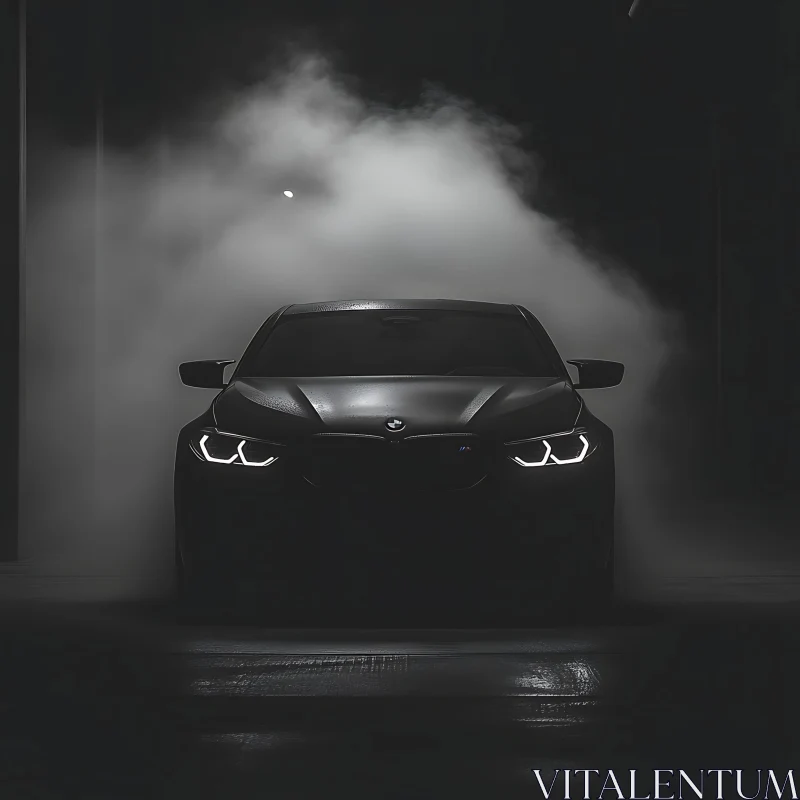 Car Emerging from Smoke with Bright Headlights AI Image