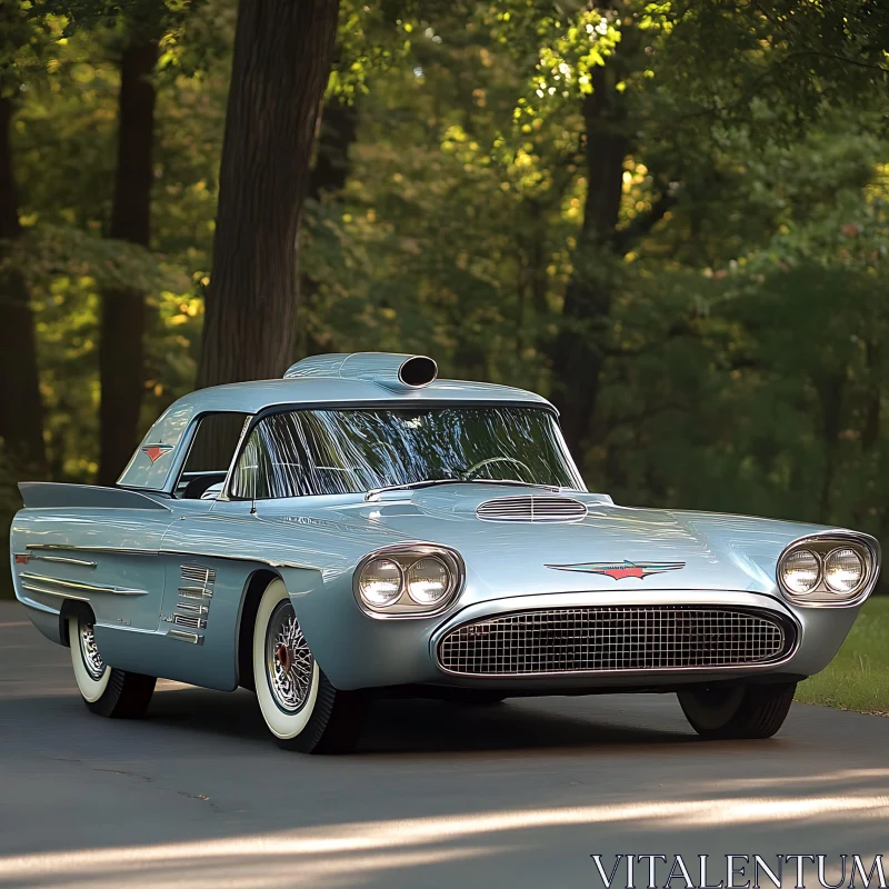 Retro Blue Automobile Amidst Forest Greenery AI Image