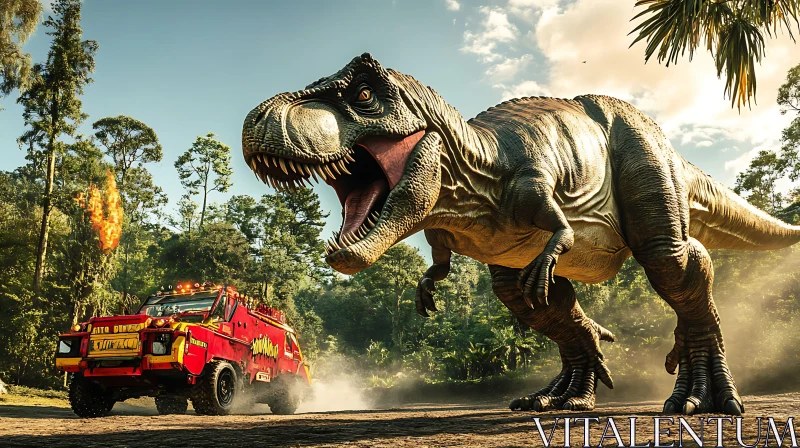 Dinosaur Roaring and Chasing Jeep in the Forest AI Image