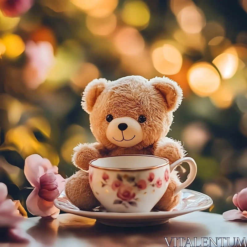 Adorable Plush Bear in Teacup and Warm Bokeh Background AI Image