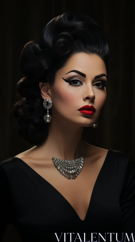 Captivating Lady in Black with Red Lipstick and Glamorous Makeup AI Image