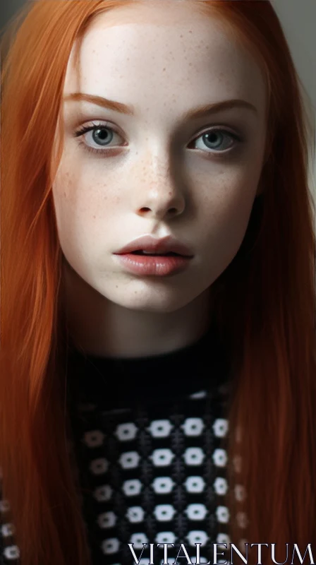 Captivating Red-Haired Girl Staring at the Camera | Dark Orange and White AI Image