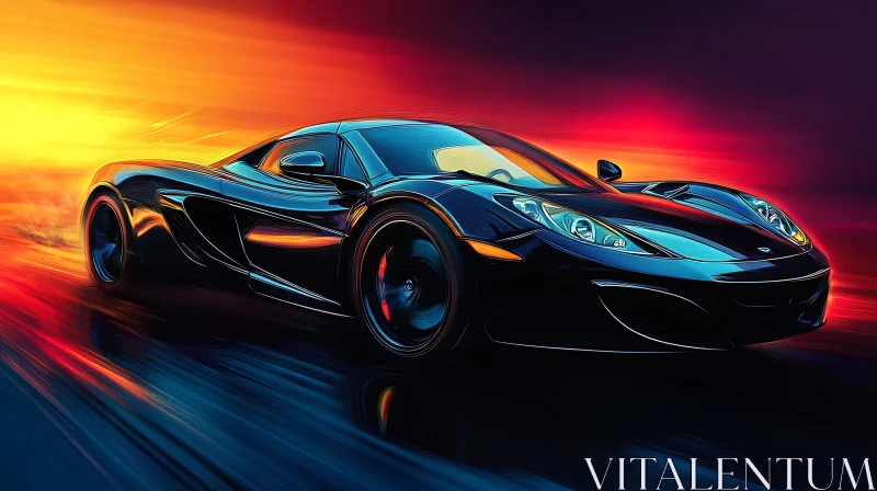 Black Supercar in High-Speed Race at Sunset AI Image