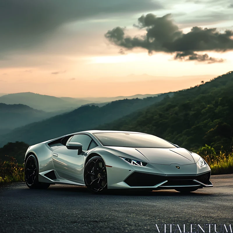 Silver Sports Car on Mountain Road at Sunset AI Image