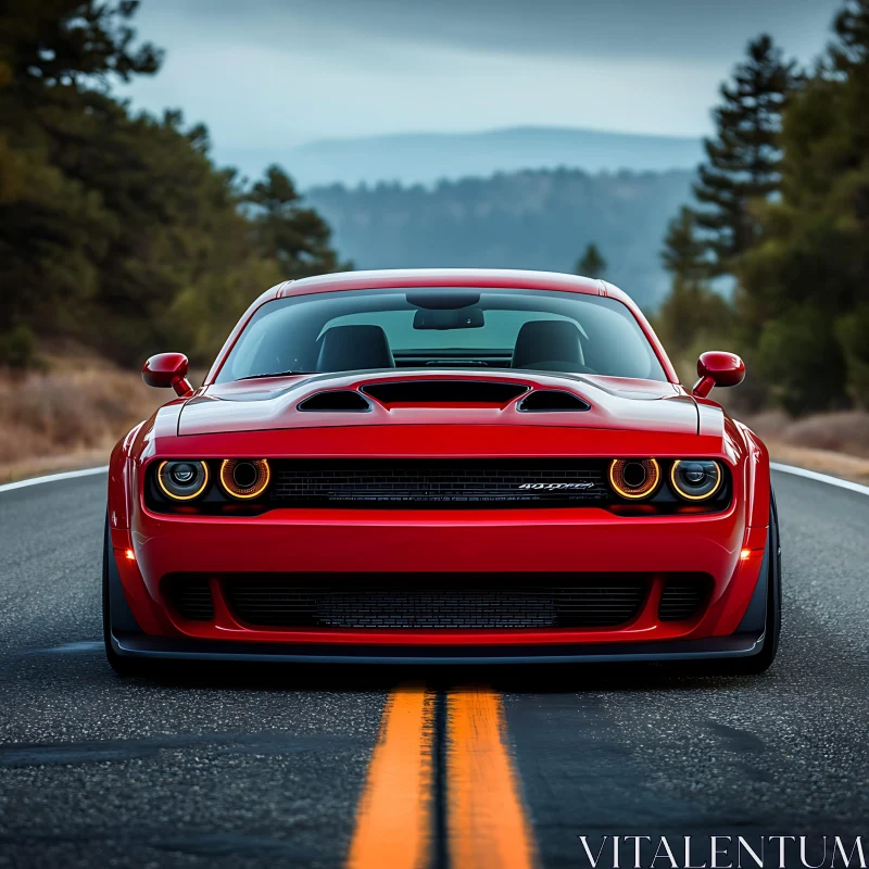 Front View of Red Muscle Car on Road AI Image