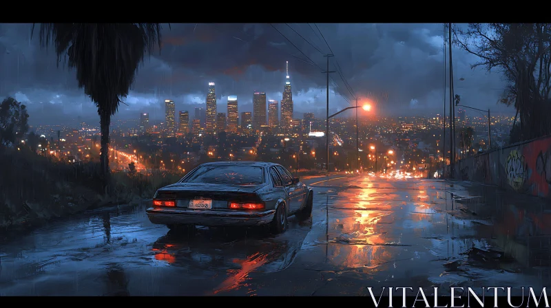 Nighttime Cityscape with Rainy Streets and Car AI Image