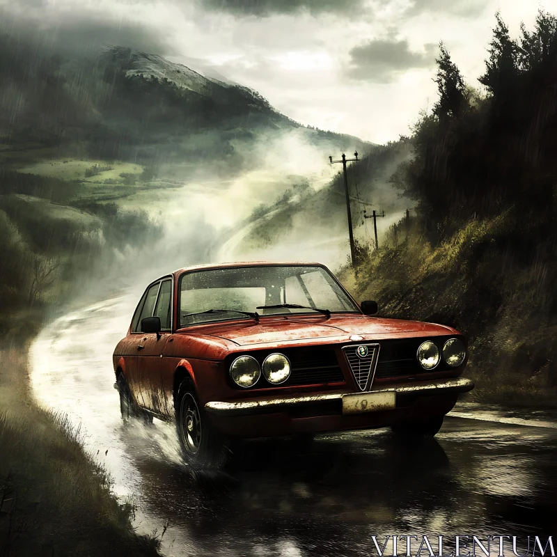 Red Classic Car on Wet Curvy Mountain Road AI Image