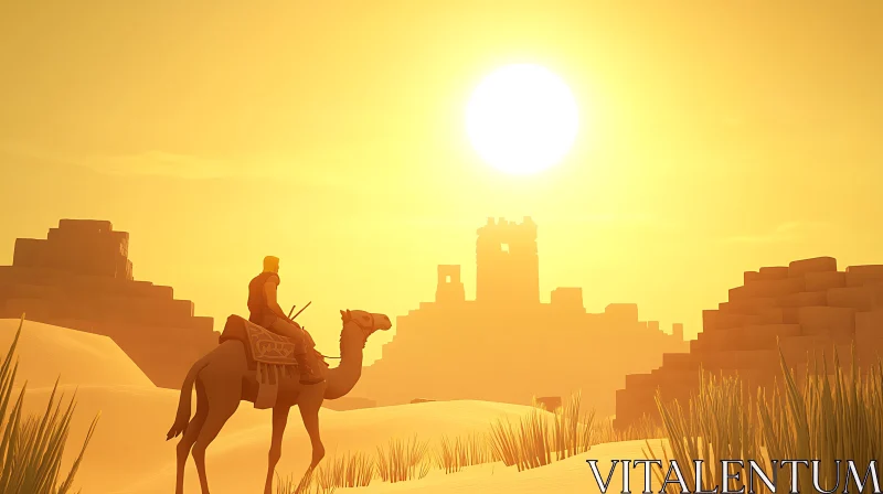 Desert Camel at Sunset with Ruins AI Image