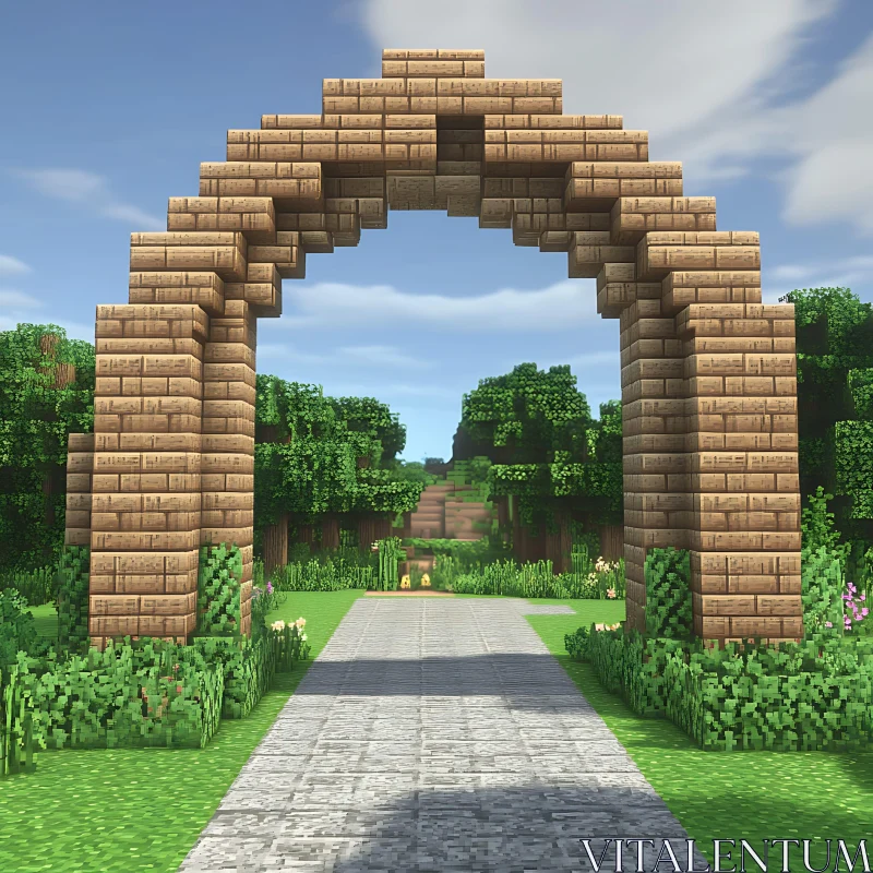 Minecraft Styled Wooden Archway in Natural Setting AI Image