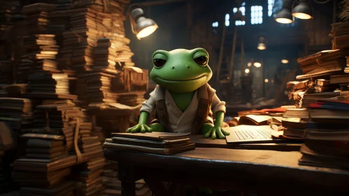Animated Frog Engrossed in Reading - Unreal Engine 5 Illustration