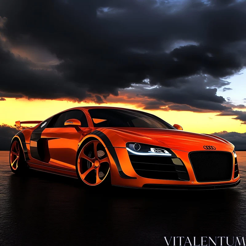 Sunset Reflection on Orange Sports Car AI Image