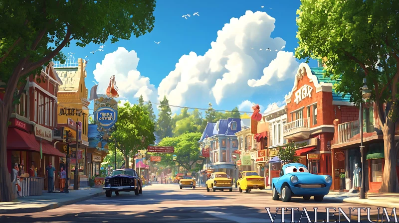 Colorful Animated Town with Vintage Cars and Shops AI Image